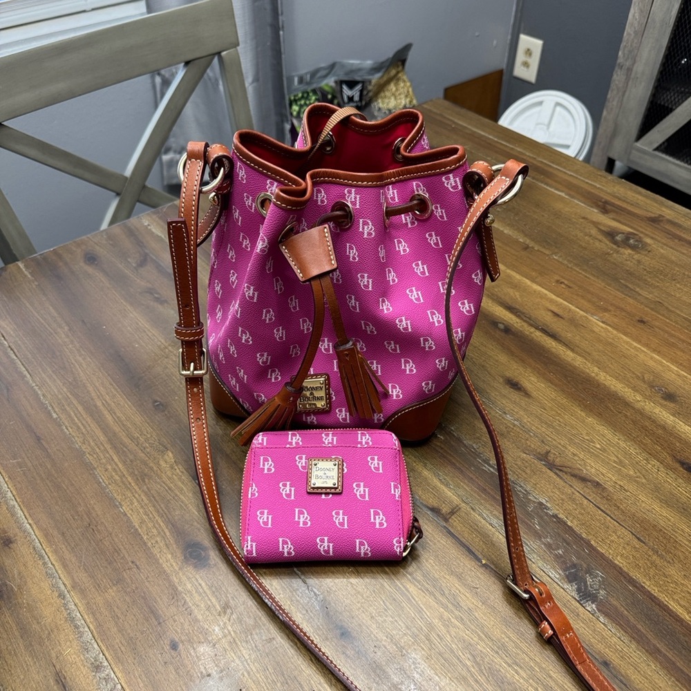 Dooney & Bourke Pink Signature Drawstring Bucket Bag with Matching Wallet
